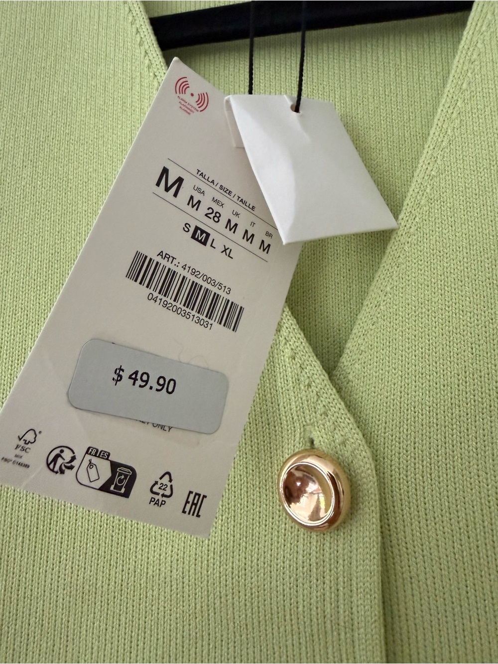 ZARA Apple Green Smooth Knit Vest Top Gold Buttons NWT Size M - Picture 4 of 5